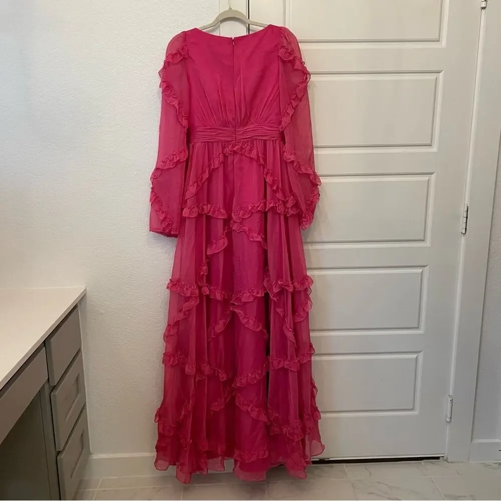 Mac Duggal A68223 Cascaded Ruffles Puff Sleeve Gown